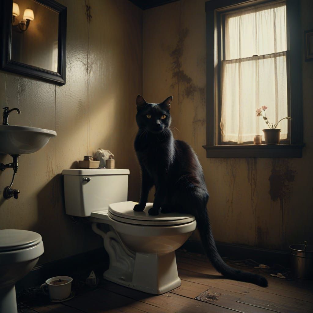 Moody Black Cat Portrait in a Vintage Bathroom