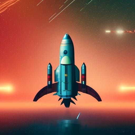 Vintage Rocketship in Outrun-Style Space Scene
