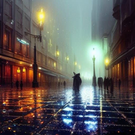 Sparkly Pavement on Rainy Night: Dark Fantasy Art