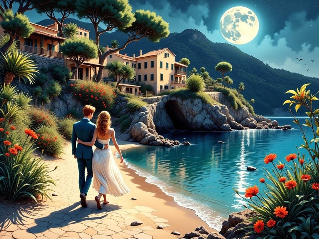 Romantic Stroll in Deia, Mallorca in Ink Style