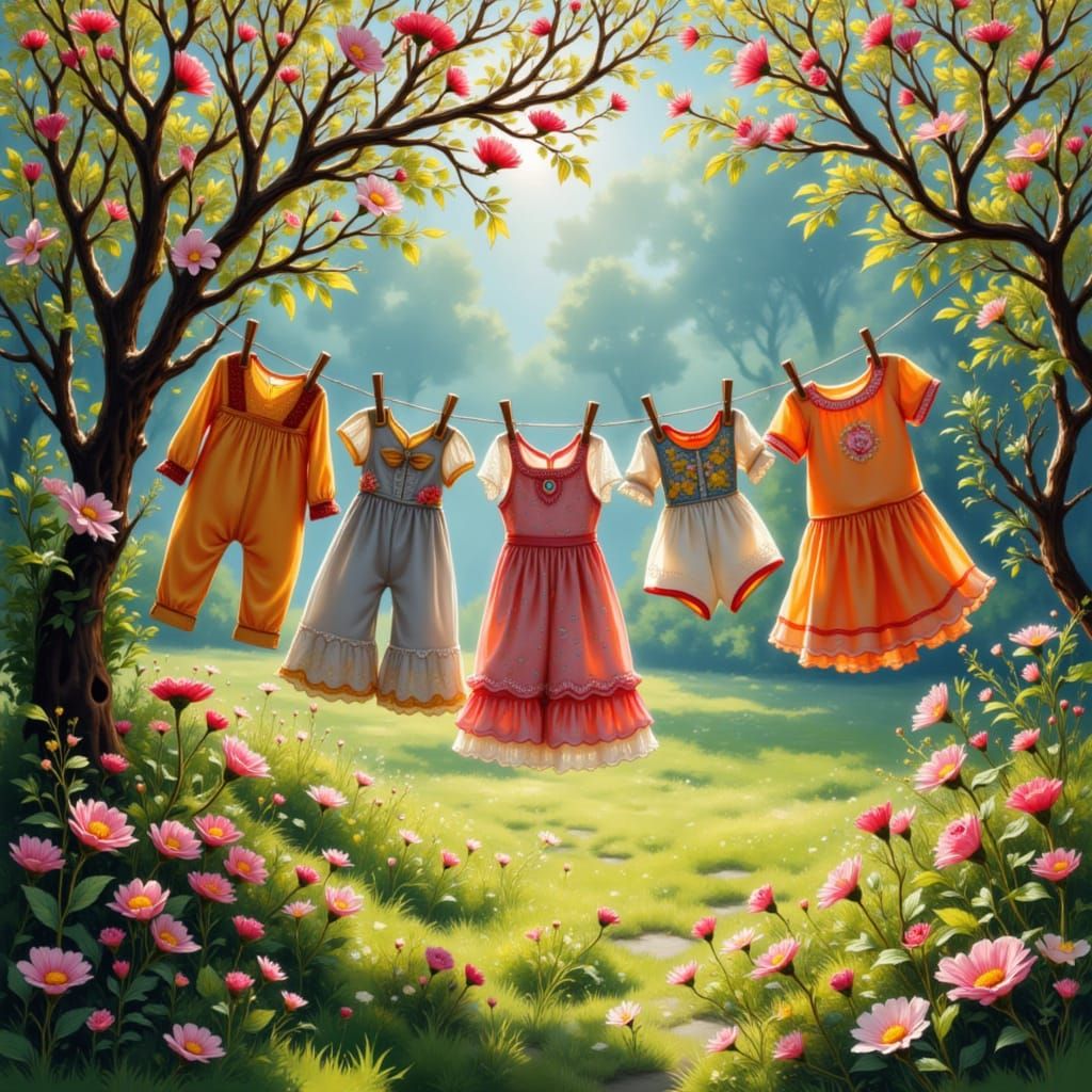 <lora:Lora mon imagination:1.0> Dans un jardin au printemps avec les cerisiers en fleurs, sur une corde des robes, jupes...
