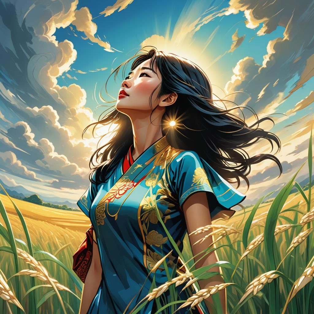 Chinese Woman in Rice Field: Comic Book Style