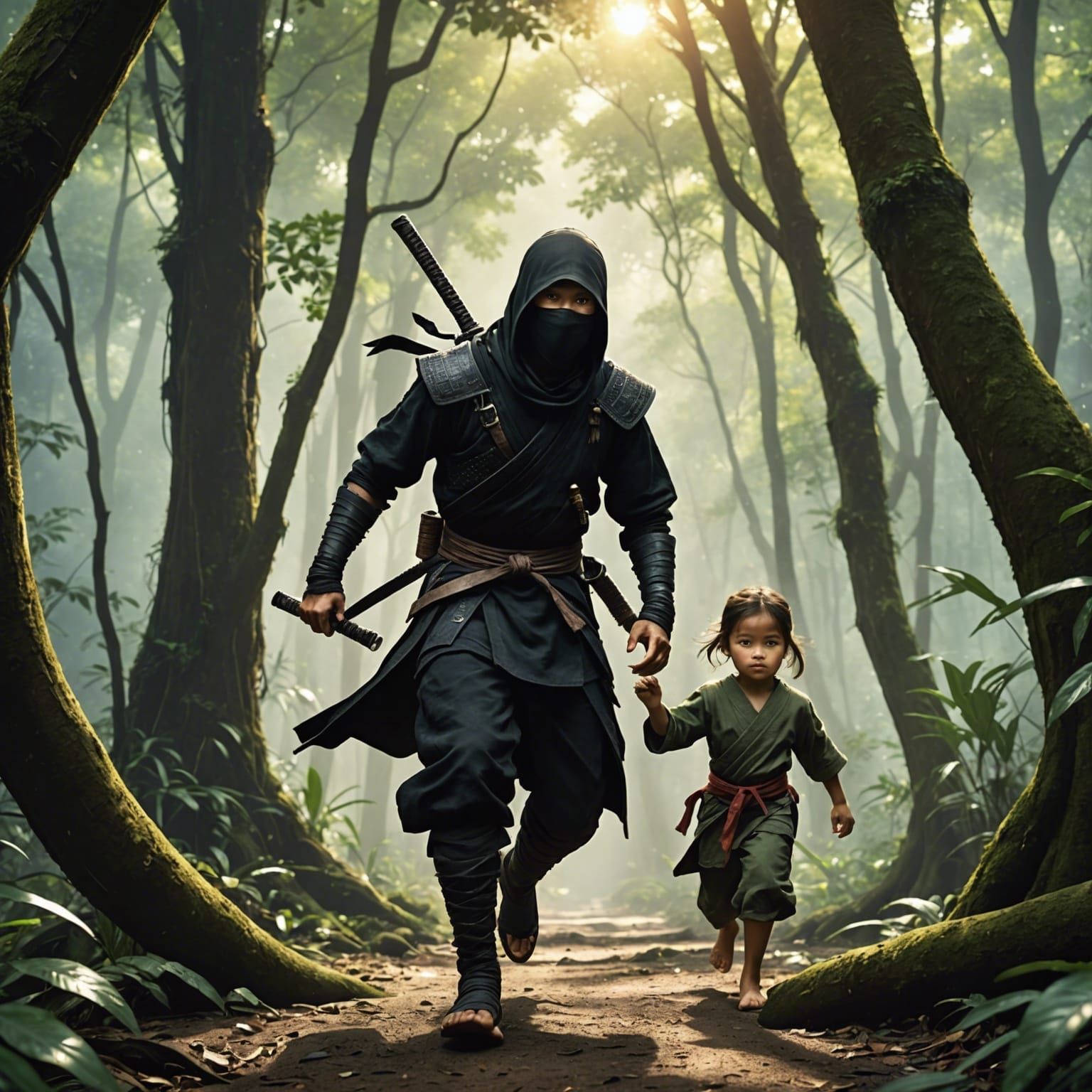 Ninja Protector in Thai Jungle: Hyperrealistic Concept Art