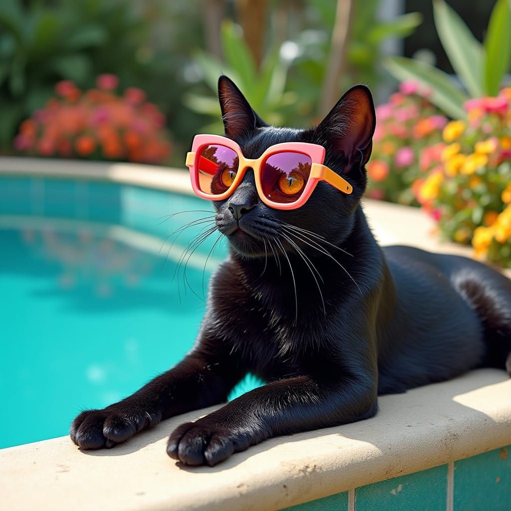 Cat Lounging Poolside in Futuristic Folk Art Style