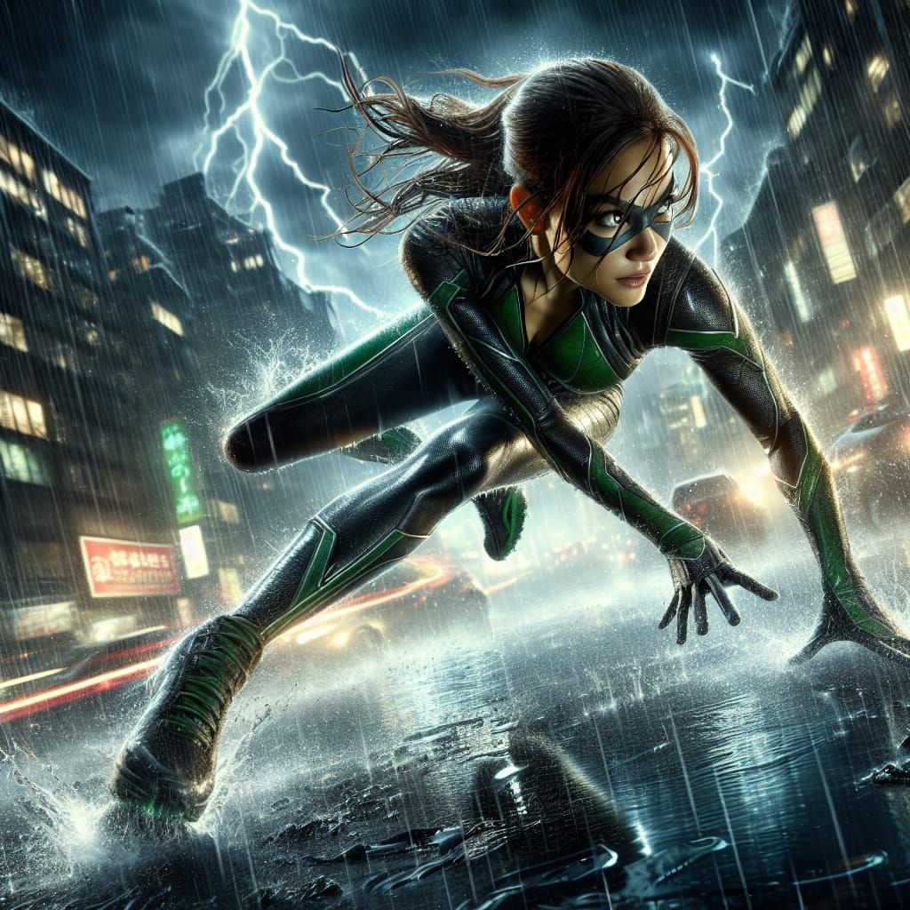 Tsuyu Asui, is depicted in a high-energy action scene, leapi...