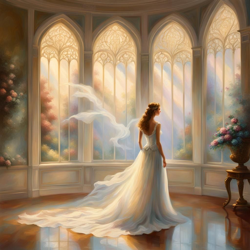 Ethereal Woman in Grand Room: Kinkade-Inspired Oil