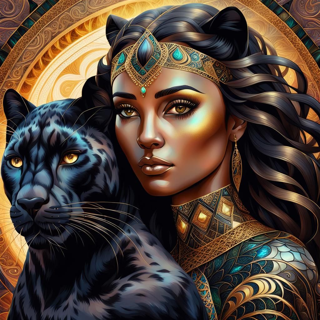 Woman with Panther in Mandalic Abstraction