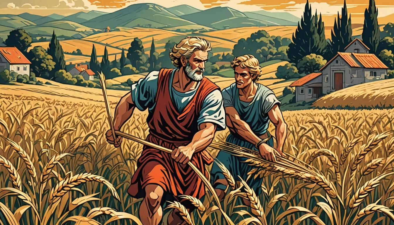 Greek God Harvesting Wheat in Comic Style
