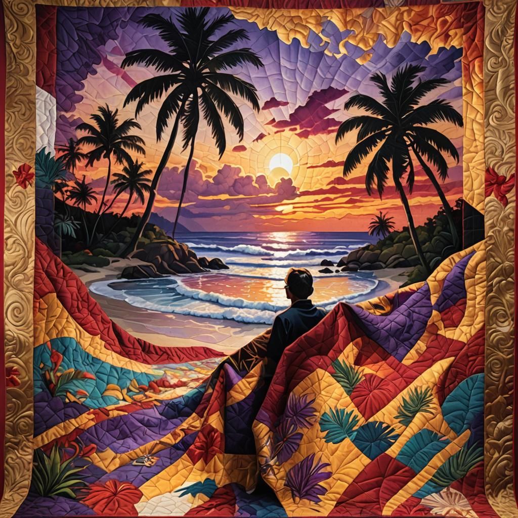 Tropical Beach Sunset Quilt in Hyperrealistic Splash Art