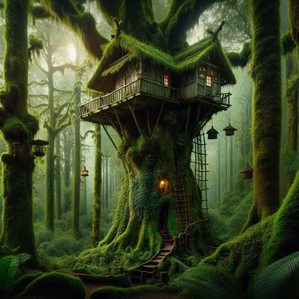 Enchanting Treehouse in Ancient Forest Scene