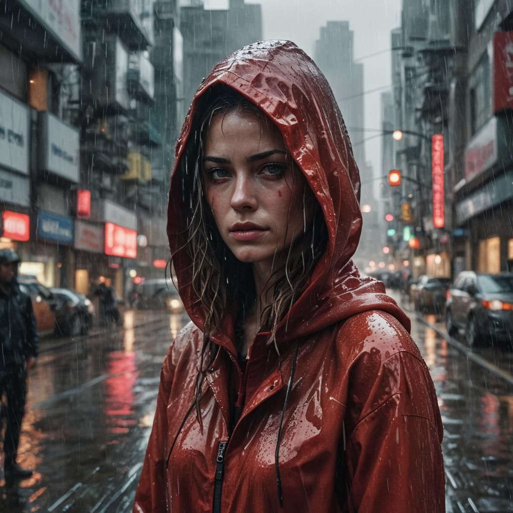 Girl in Red Hood in Futuristic Cityscape