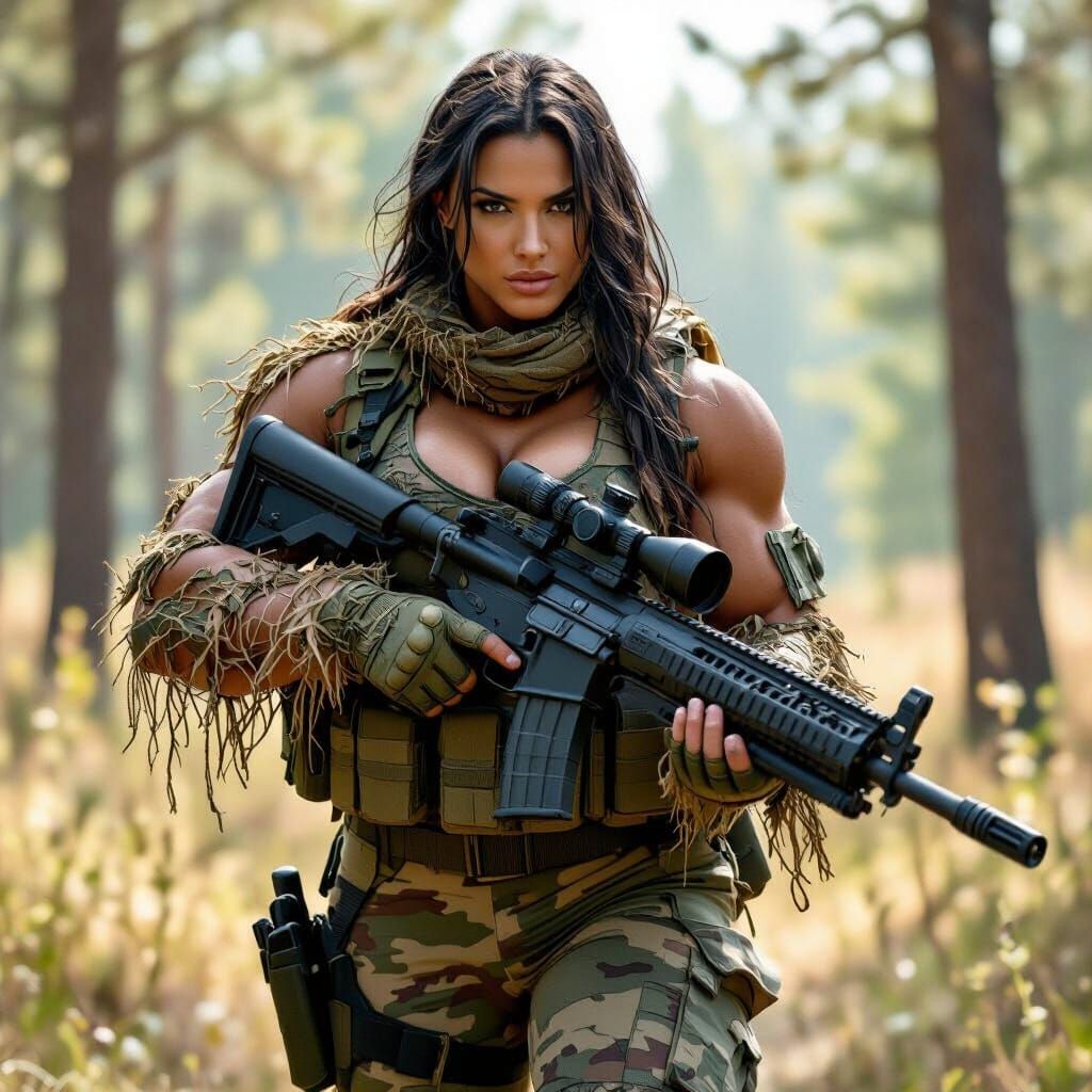 Muscular Woman Sniper in Forest with Rifle