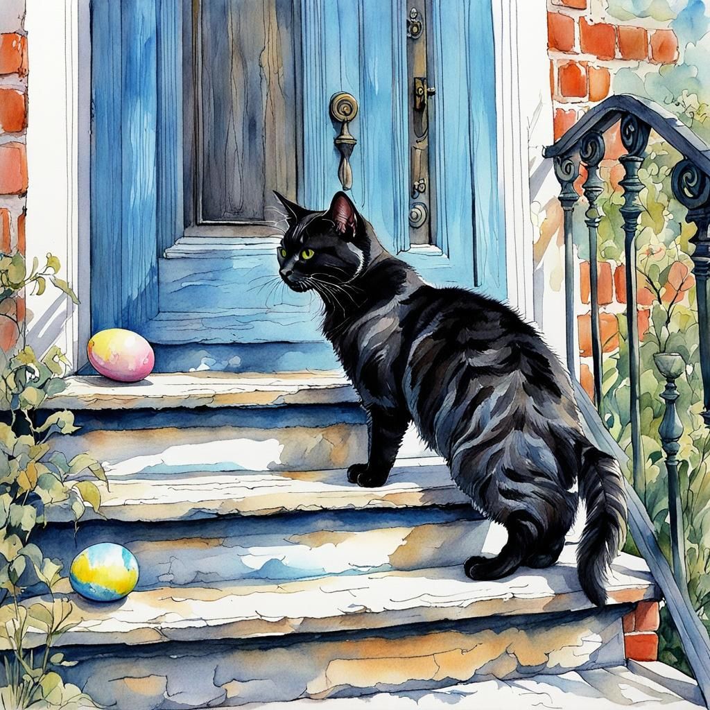 Cat Playing with Easter Egg: Brush Pen Art