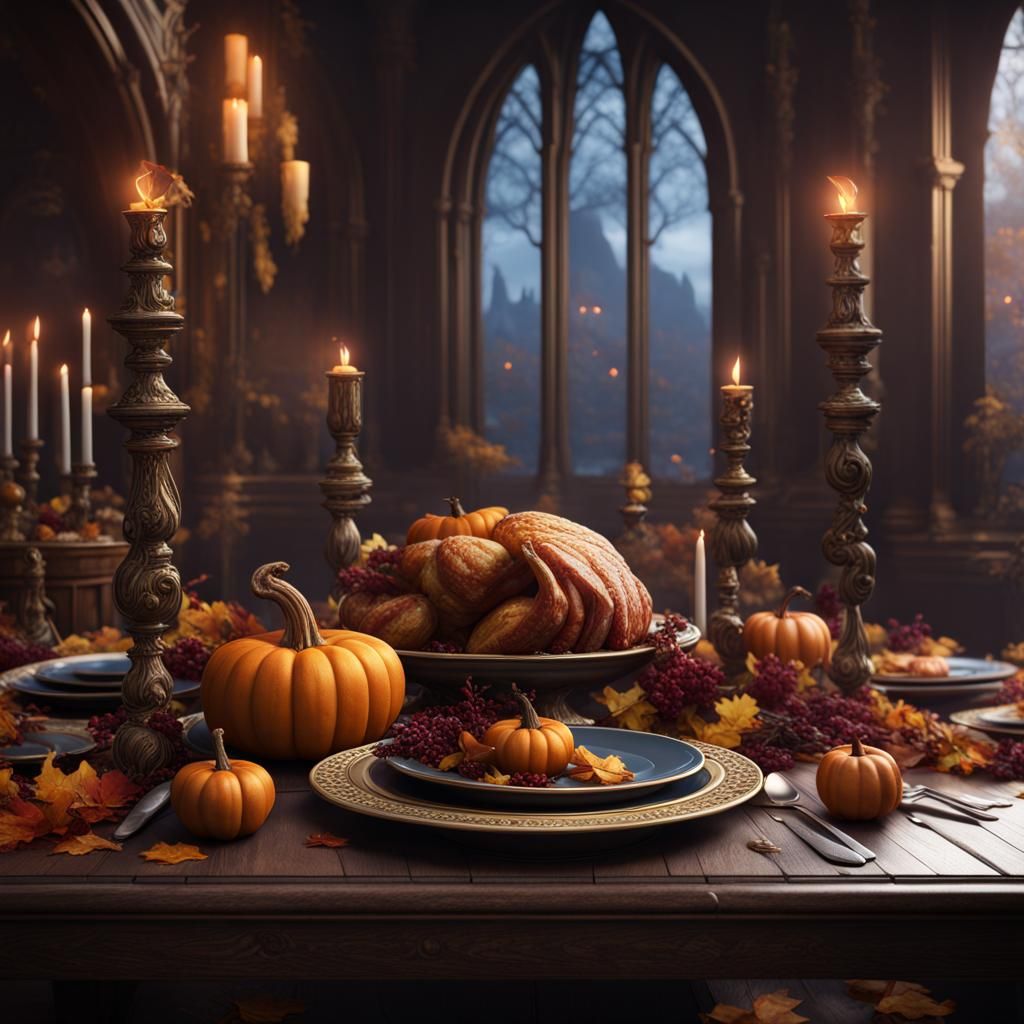 Thanksgiving Table: Detailed Matte Painting in Deep Color