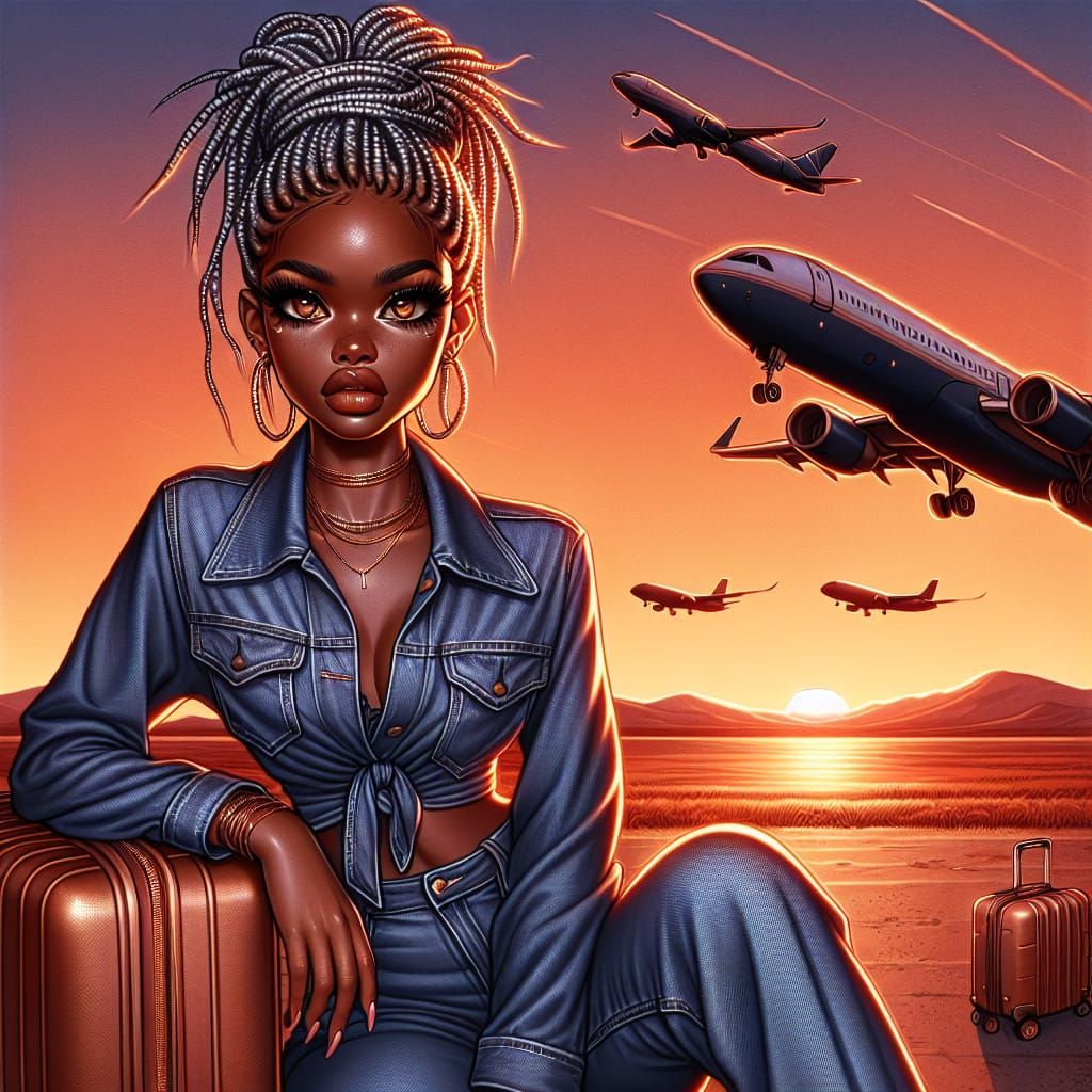 Sunset Traveler: Bohemian African Woman in Denim