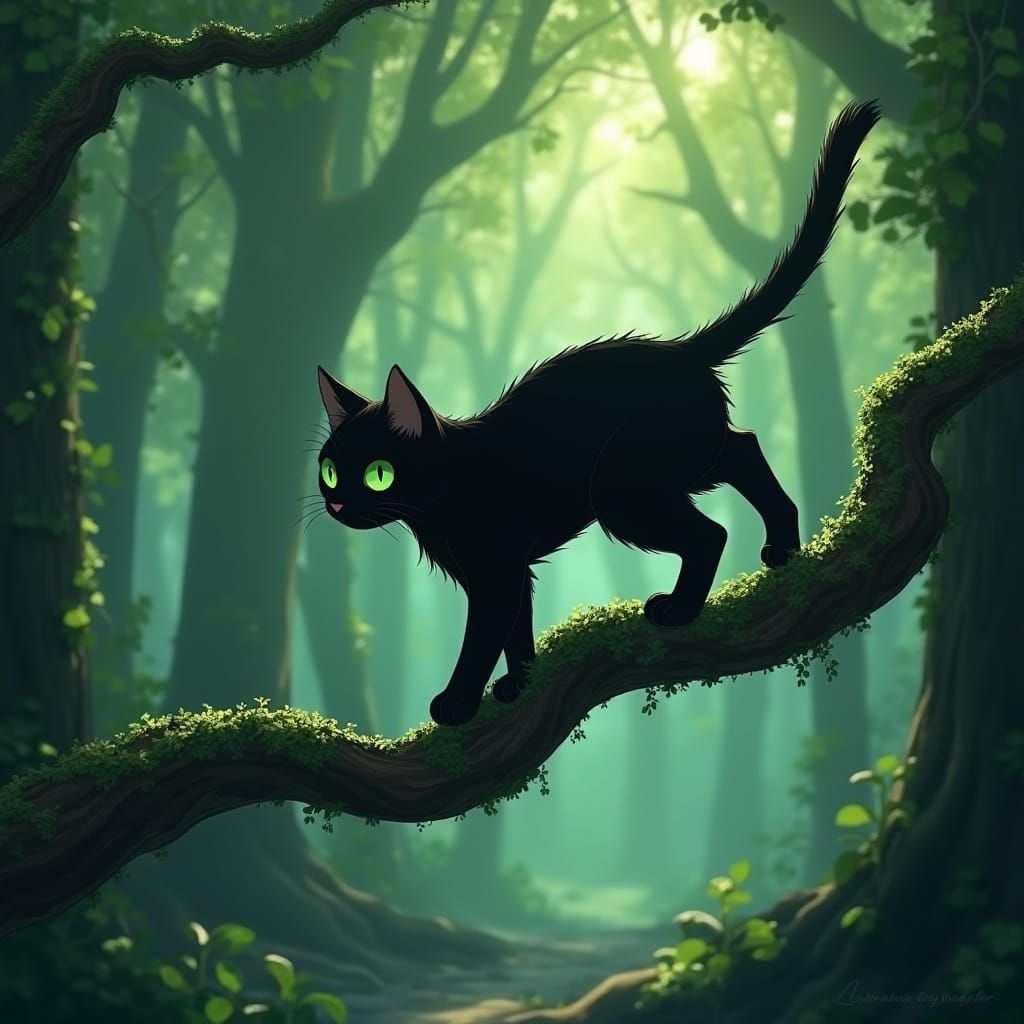 Majestic Black Cat Gazing into Mystical Woods