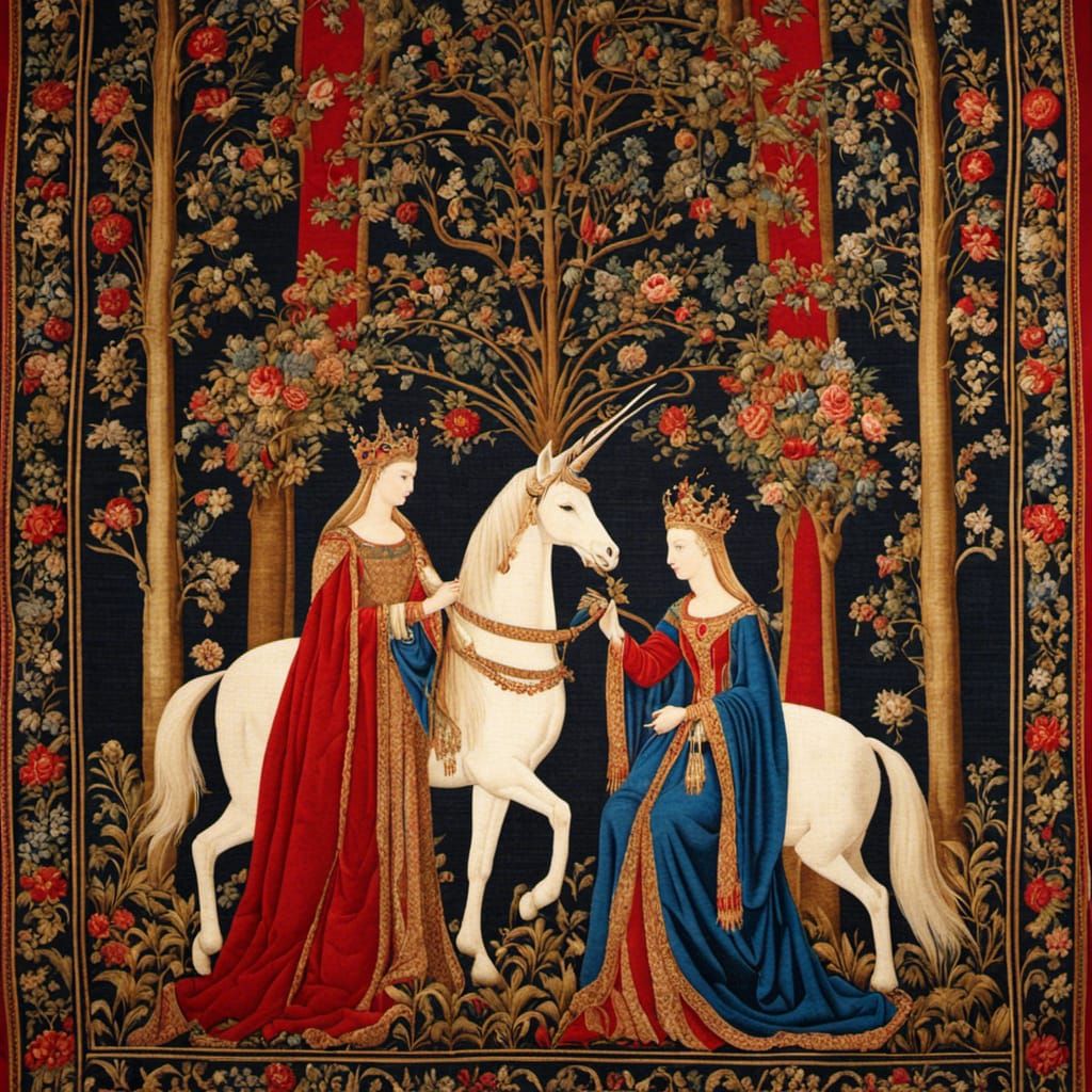 Medieval Lady and Unicorn Tapestry Art