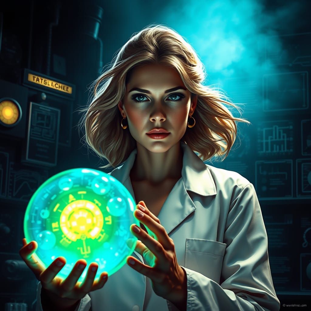 Female Scientist Contemplates Nuclear Fission Orb