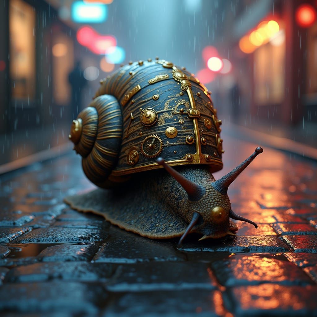 Steampunk Snail Gears on Cobblestone Street