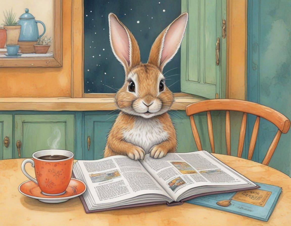 Whimsical Cartoon Rabbit Reads Comic in Hand-Drawn Style