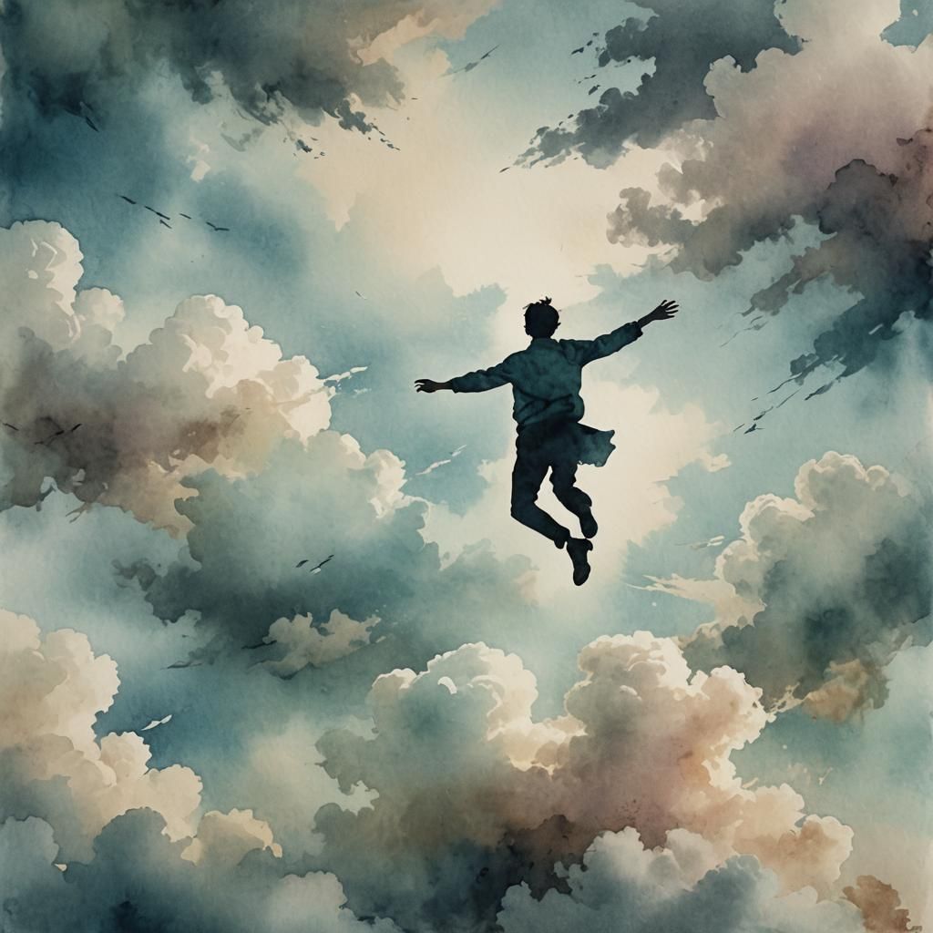 Person Flying Among Clouds in Watercolor Style