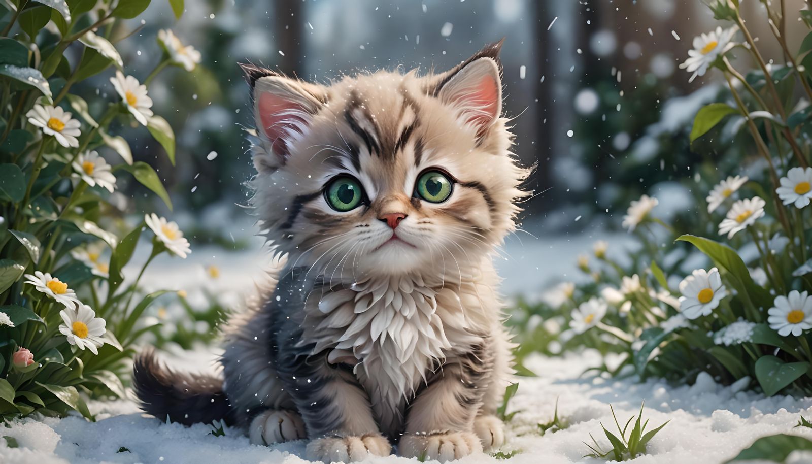 Adorable Chibi Kitten in Snowy Garden