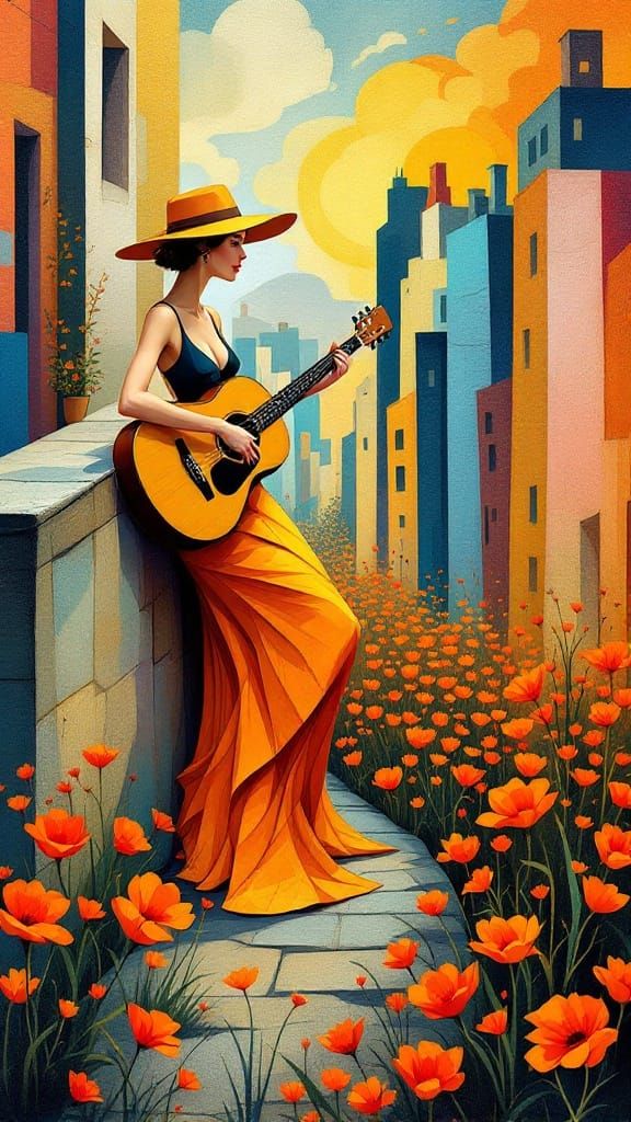 Abstract Woman Dominates Vibrant Cityscape