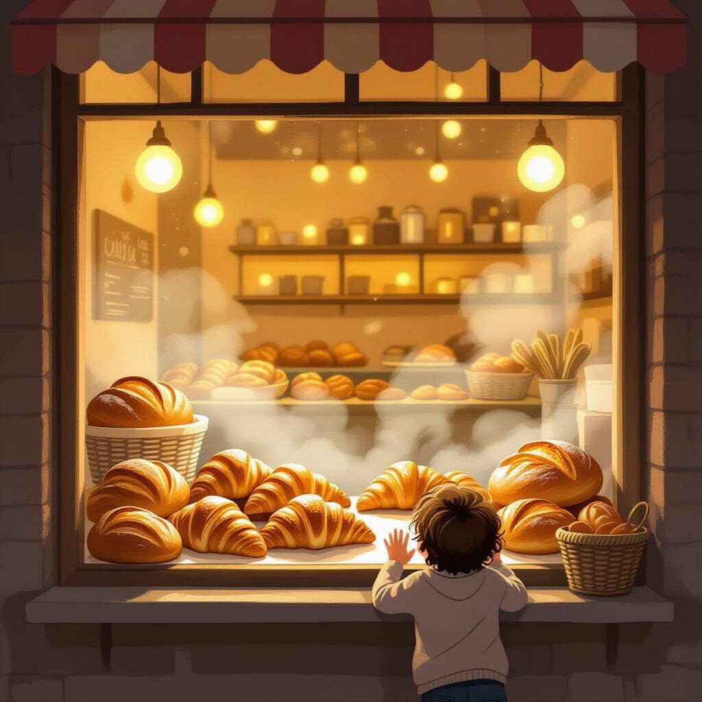 Cozy Bakery Window Illustration at Dawn