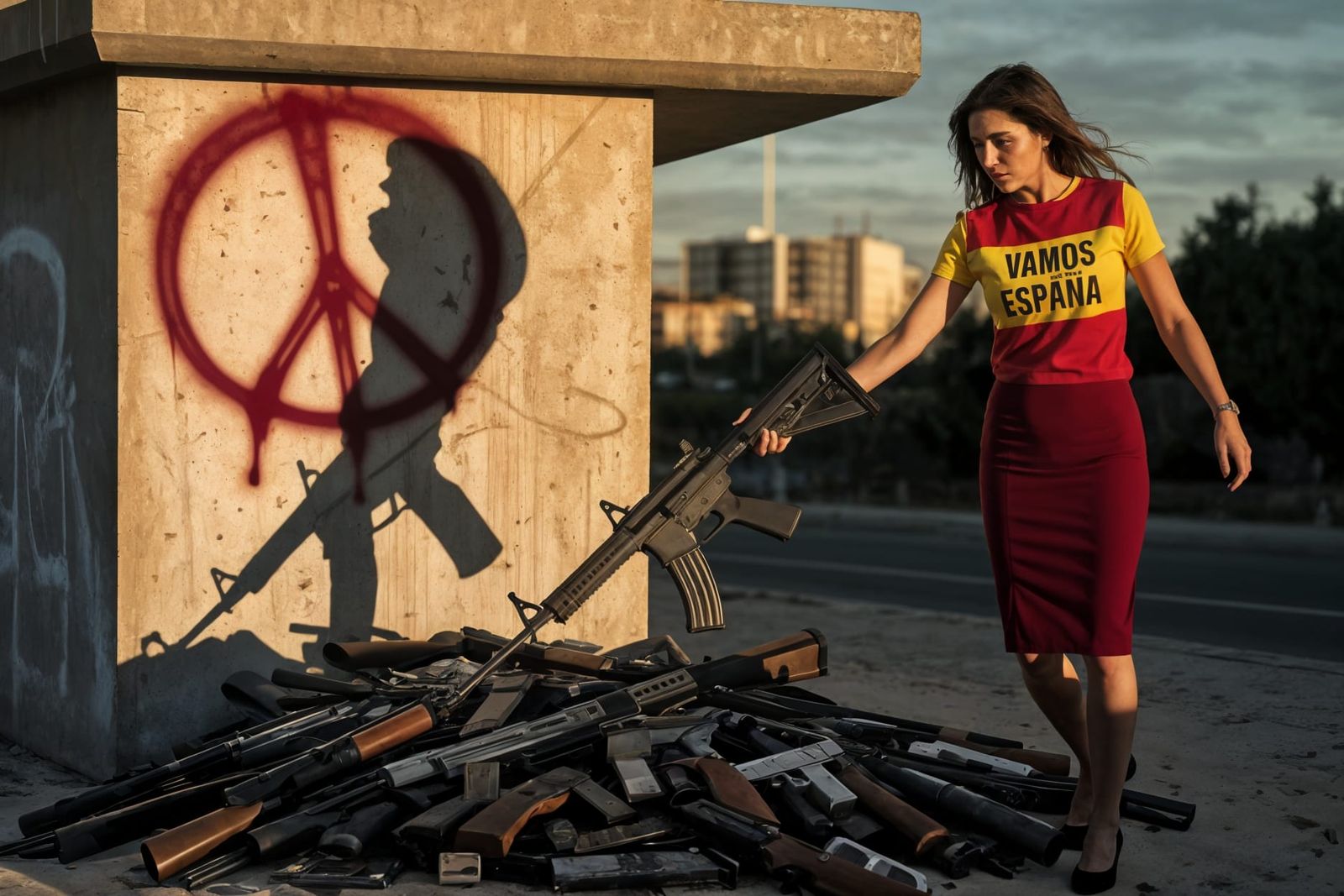Defiant Spanish Woman Discards Rifle in Protest