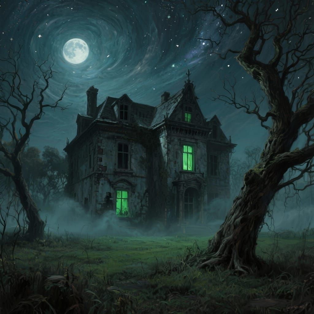 Eerie Victorian Mansion Under Full Moon Sky