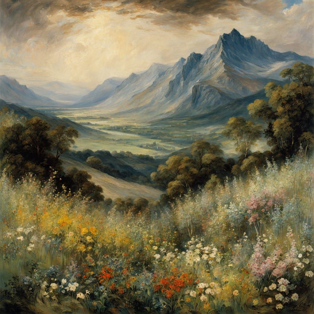 Gentle Mountains with Wildflowers in Soft Colors