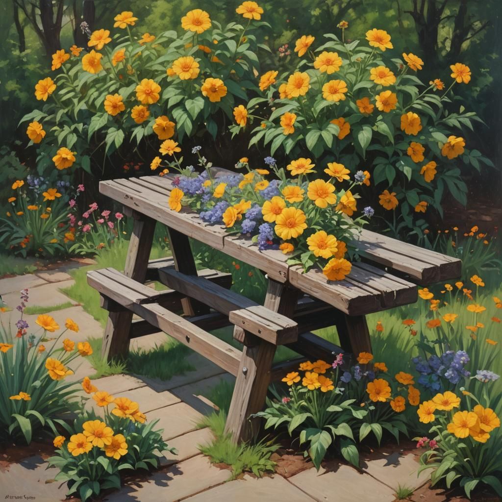 Flowers Bench Press: Oil Painting
