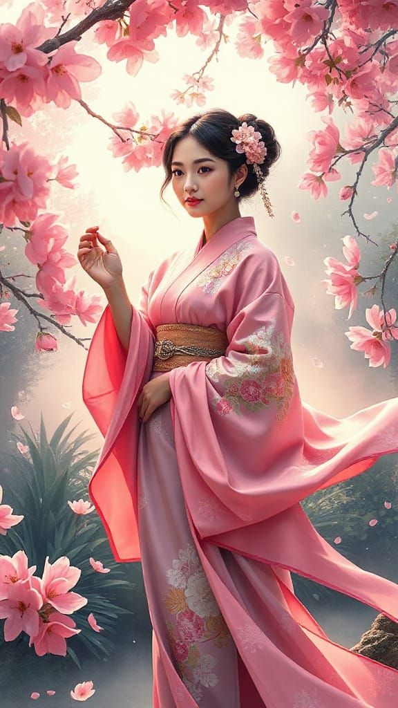 Asian Woman in Whimsical Cherry Blossom Garden with Impressi...