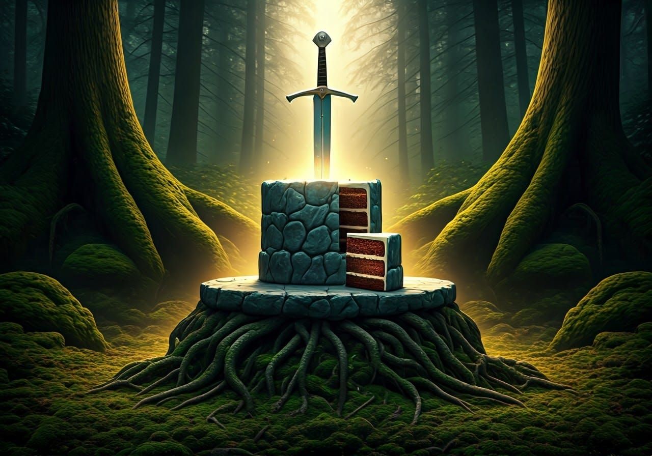 Epic Fantasy Cake with Excalibur Sword in Lush Forest