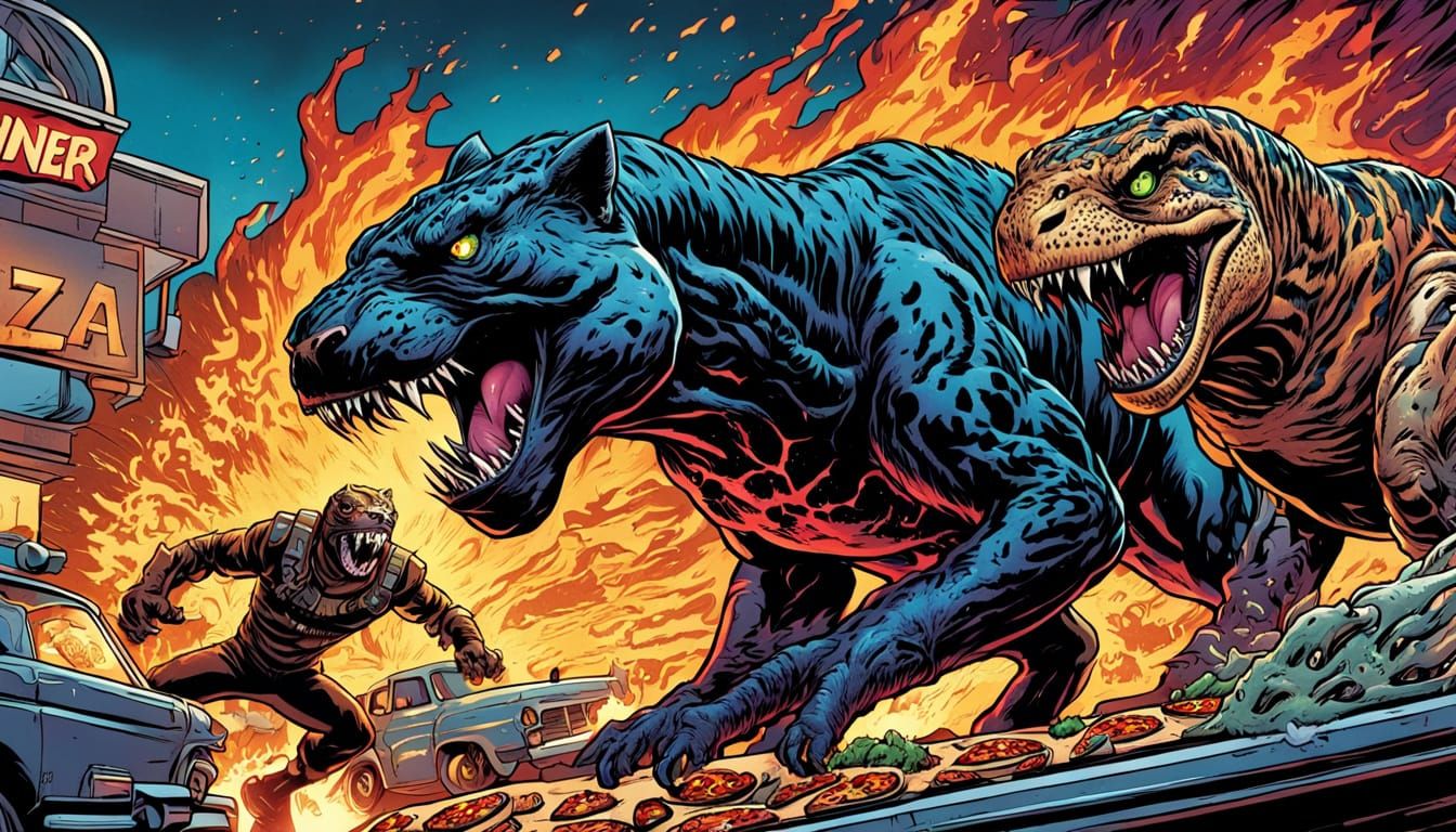 Cat, Panther, and T-Rex vs Pizza Monster in Comic Style