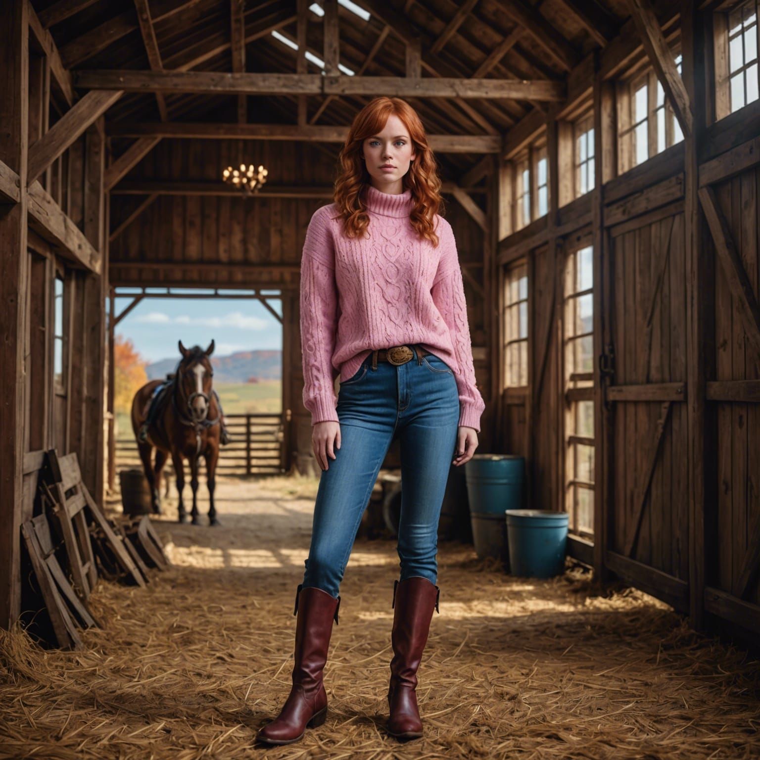 Red Haired Woman in Barn, Detailed Matte Painting