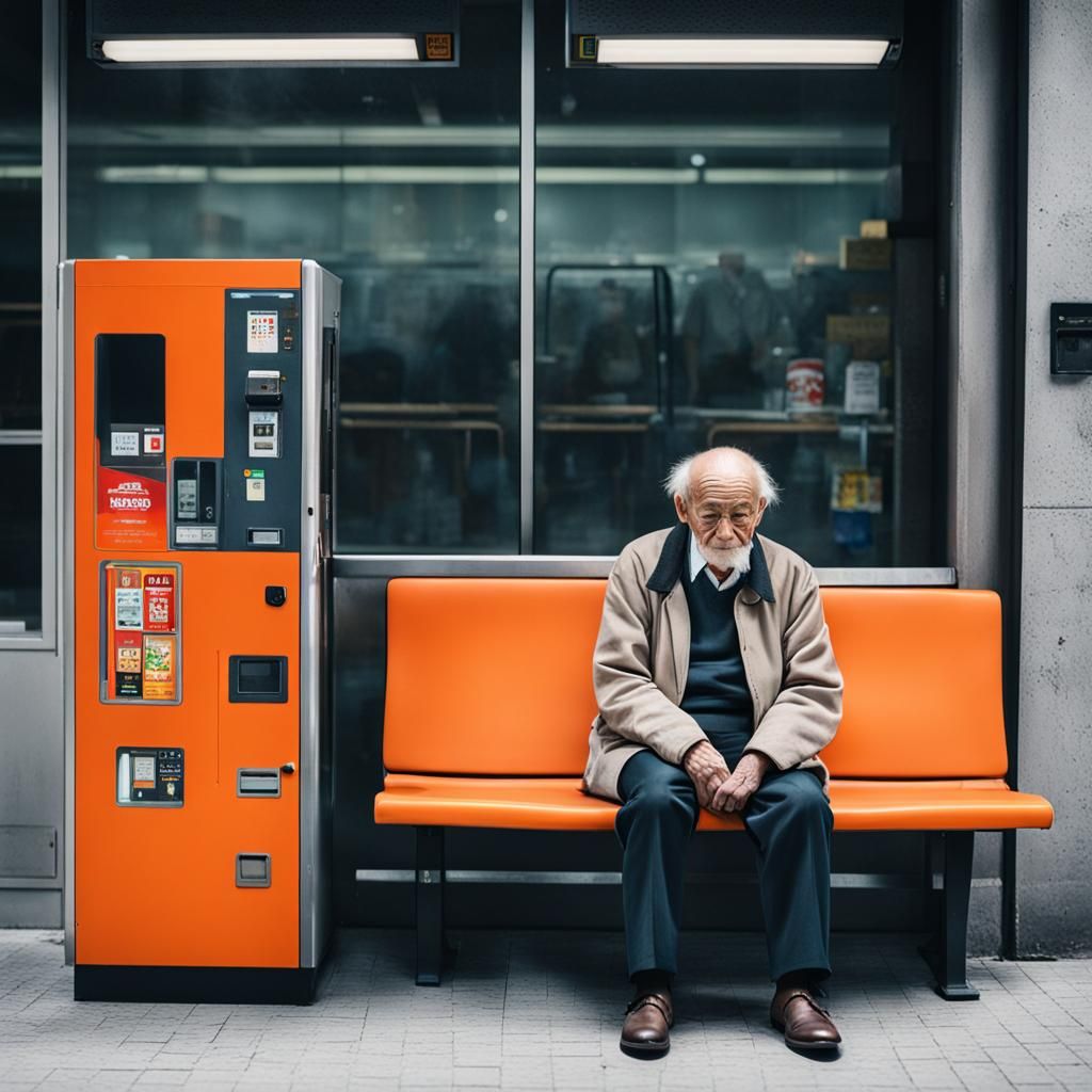 Man on Bench by Vending Machine Photo