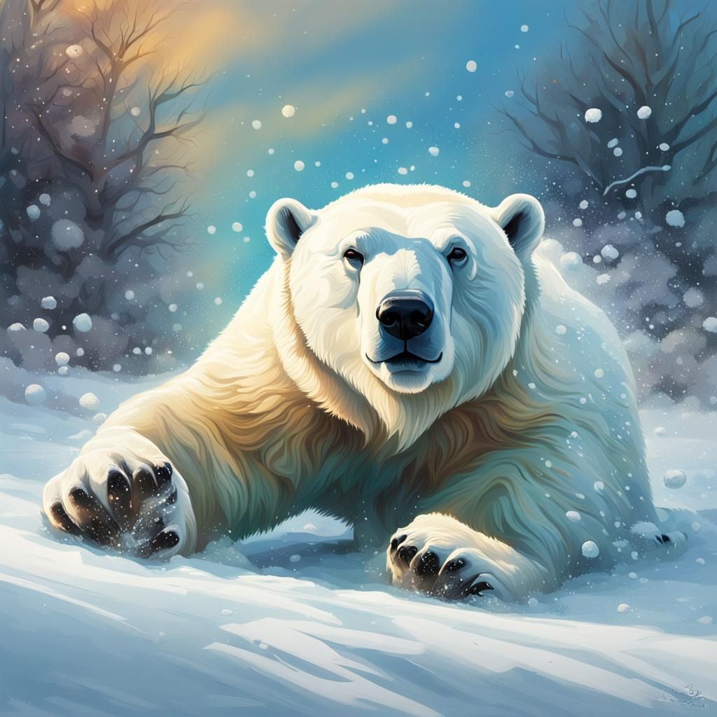 Polar Bear Rolling in Snow: Hyperrealistic Art