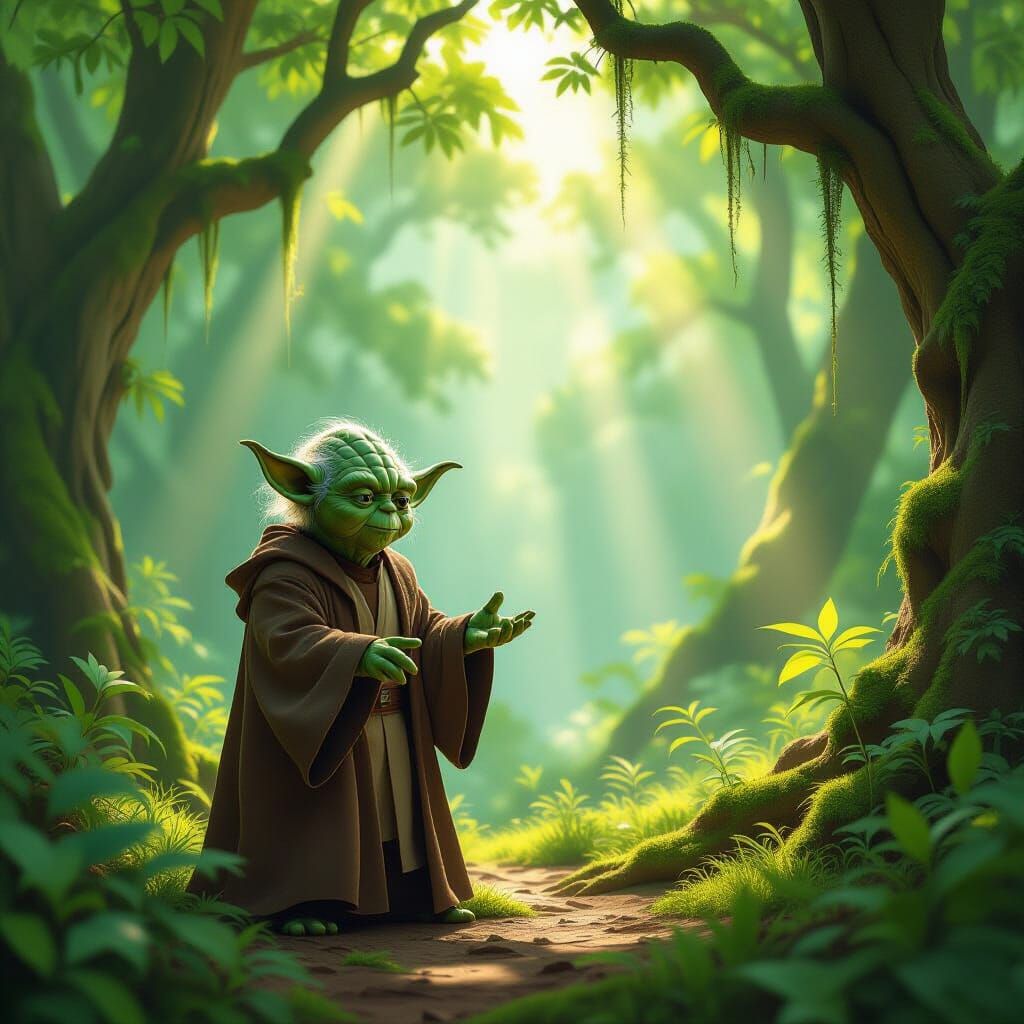 Master Yoda in a Sunlit Forest Clearing