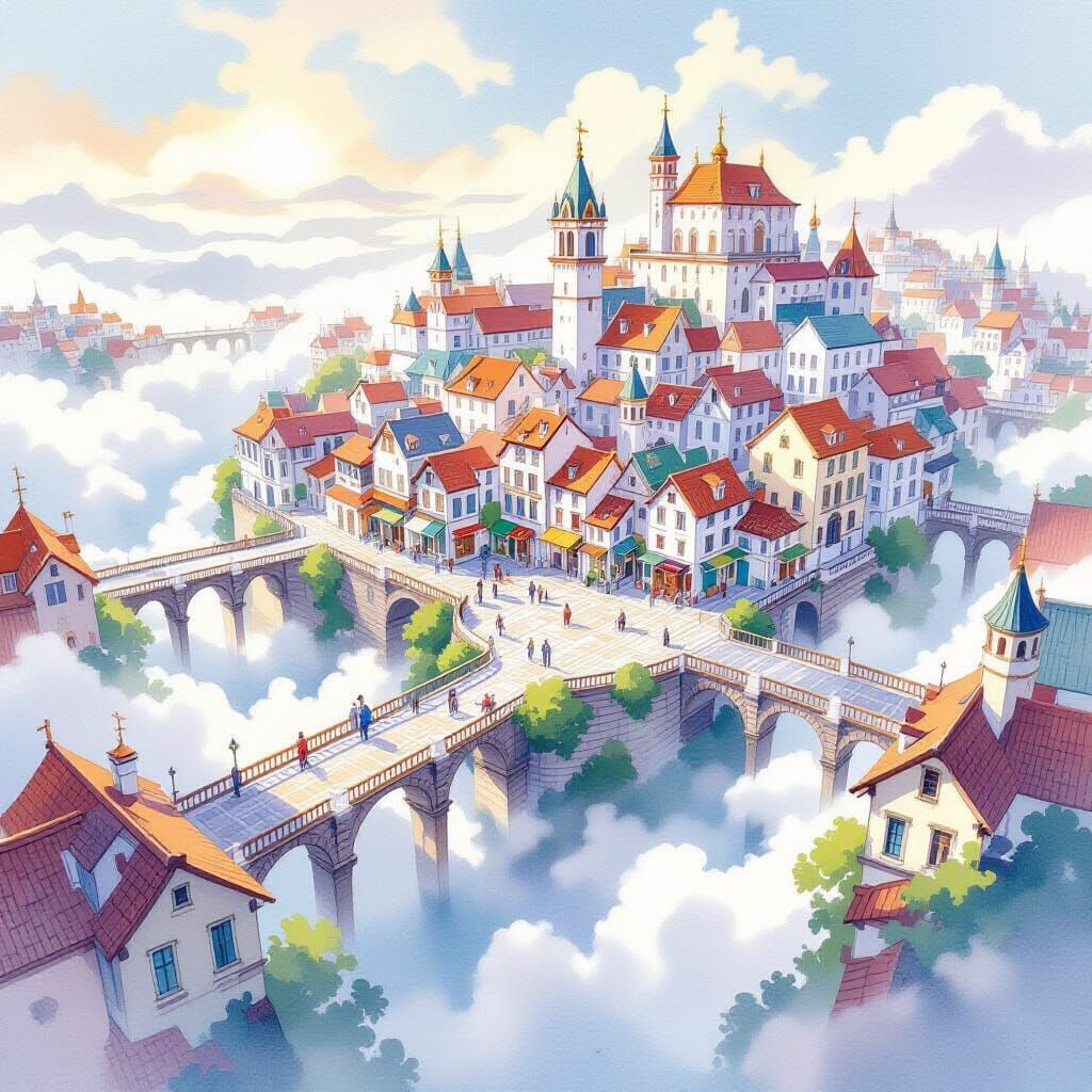 Watercolor Floating City Above Clouds in Morning Light