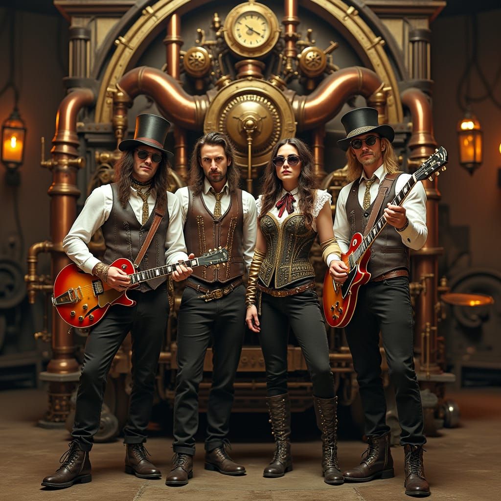 Steam Punk Rockers Pose with Vintage Steam Engine