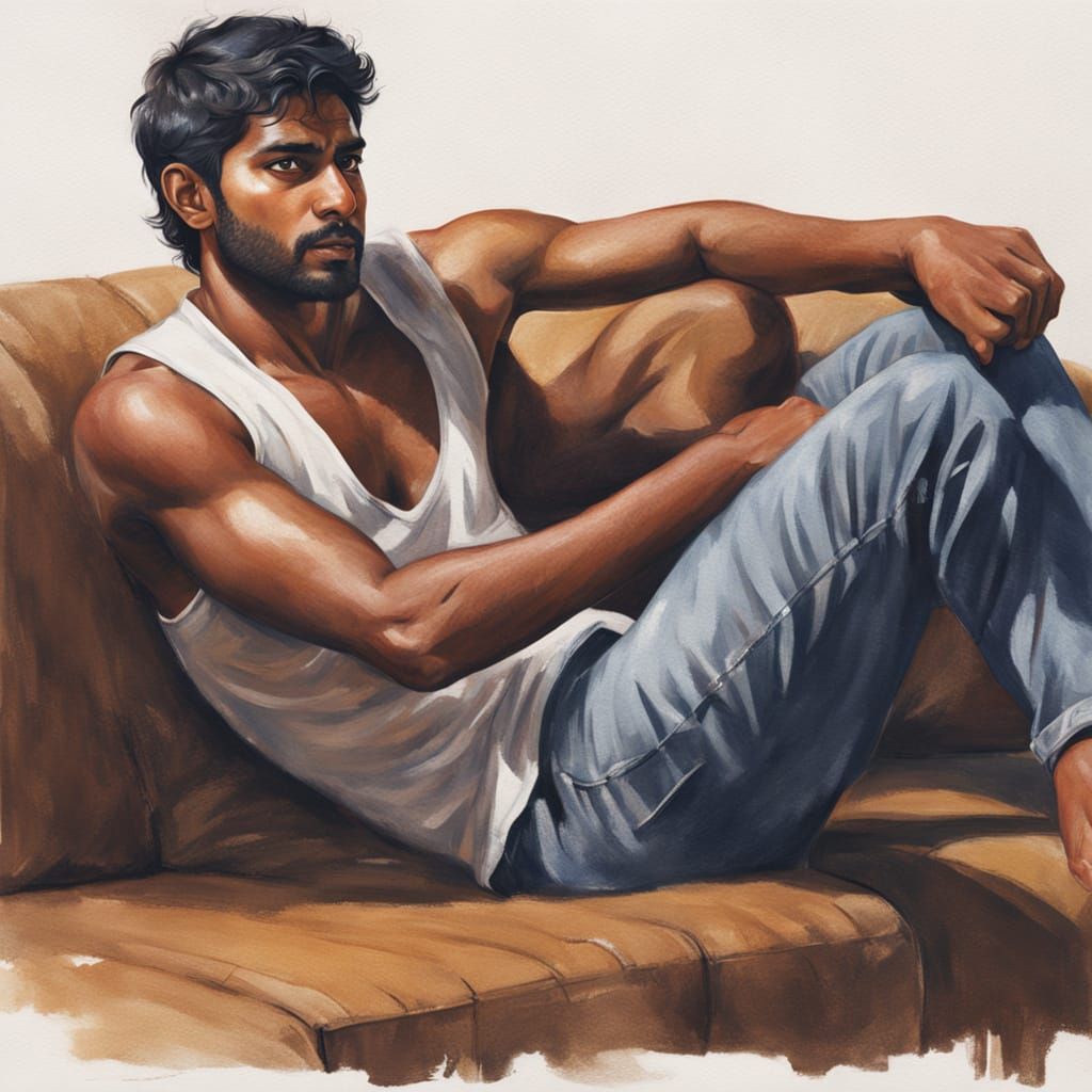 Handsome Indian Man Exposes Chest Hair on Sofa
