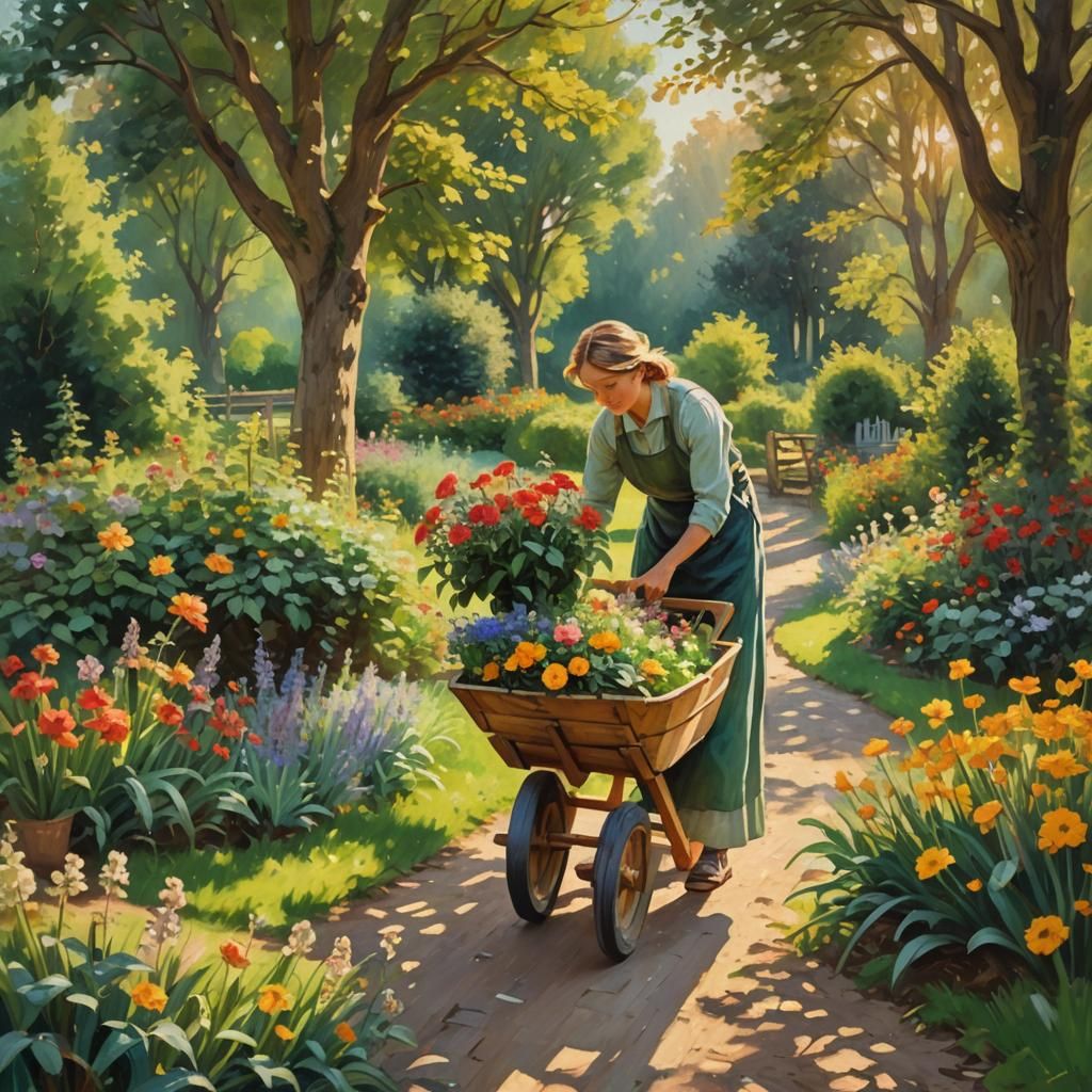 Woman with Wheelbarrow in Garden, Impressionist Painting