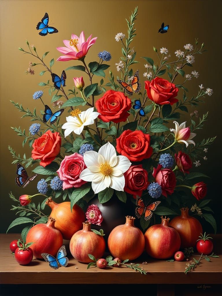 Opulent Still Life with Exotic Fruits and Flowers