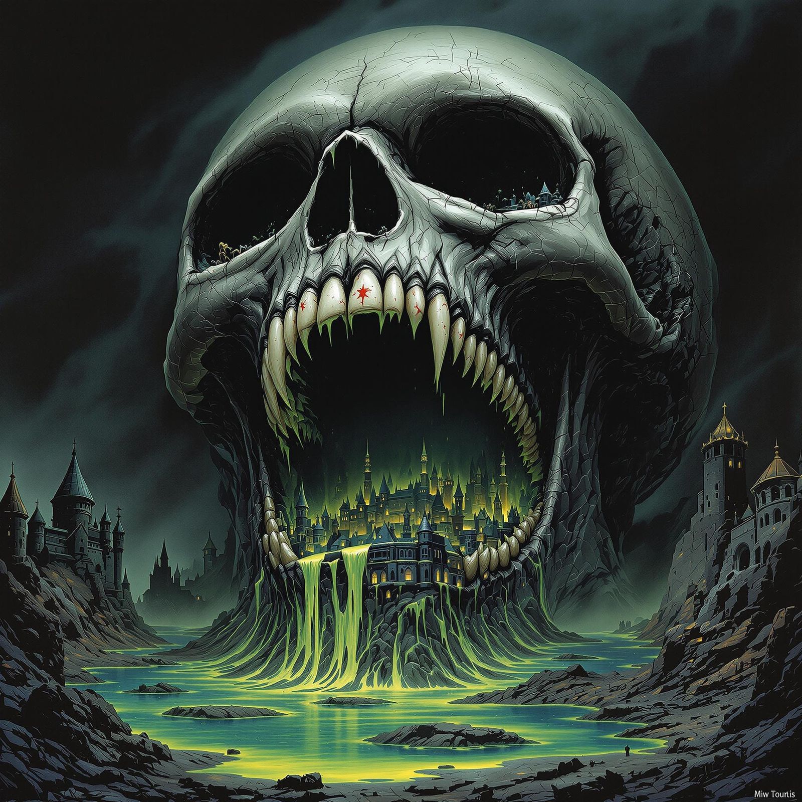 Gothic Horror Skull with Dark Fantasy Architecture