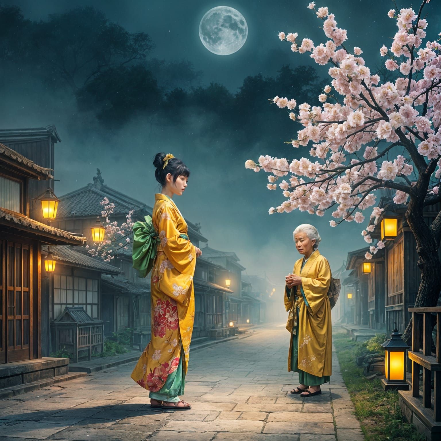 Japanese Mujina Apparition in Old Village, Ethereal Style