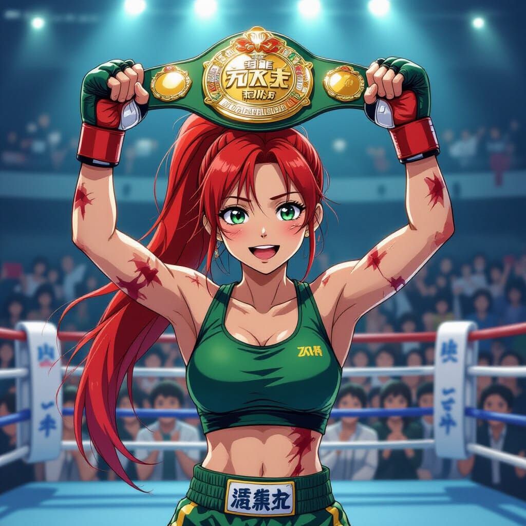 Japanese Woman Kickboxer Champion in Anime Style