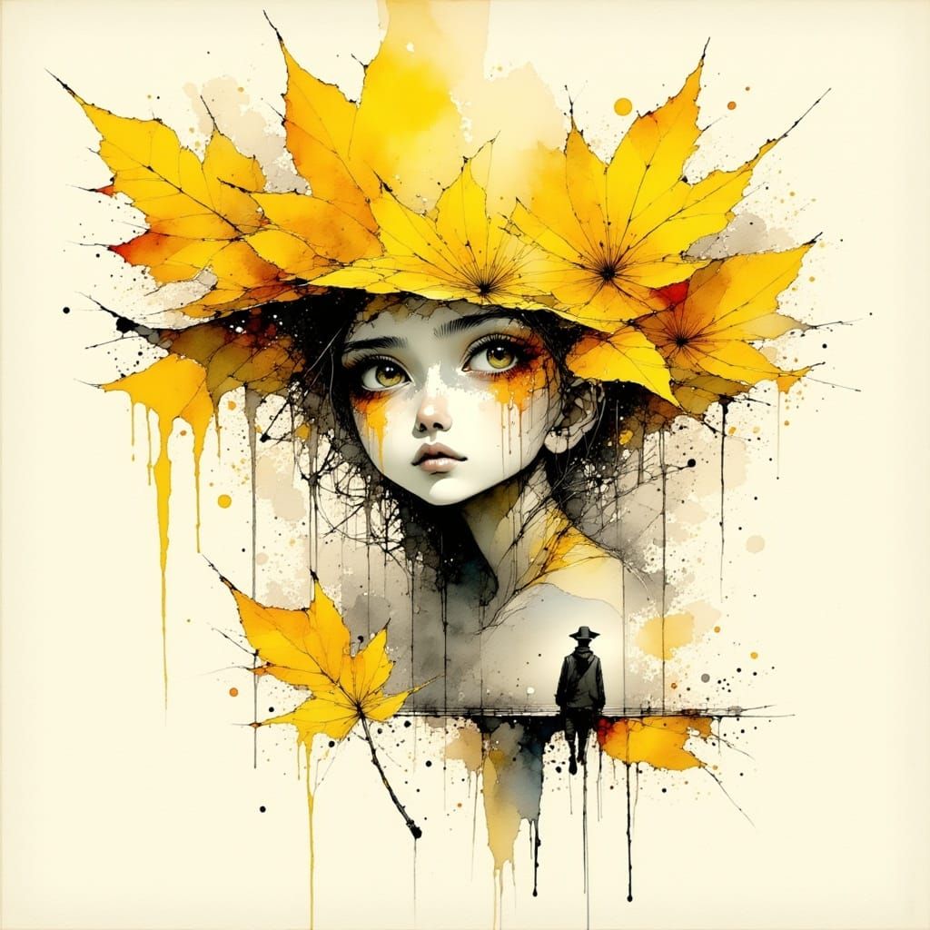 Playful Kikimora Peering Through Autumn Leaves