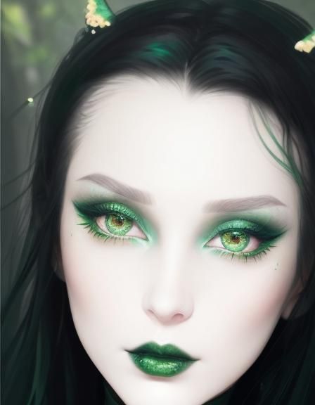 Beautiful young lady with black hair and green eyes with green eyeshadow with black eyeliner& Emerald green lipstick& go...