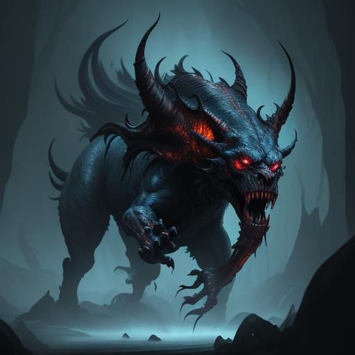 Flayed Mythical Dog in Ominous Cave: Dark Fantasy Art